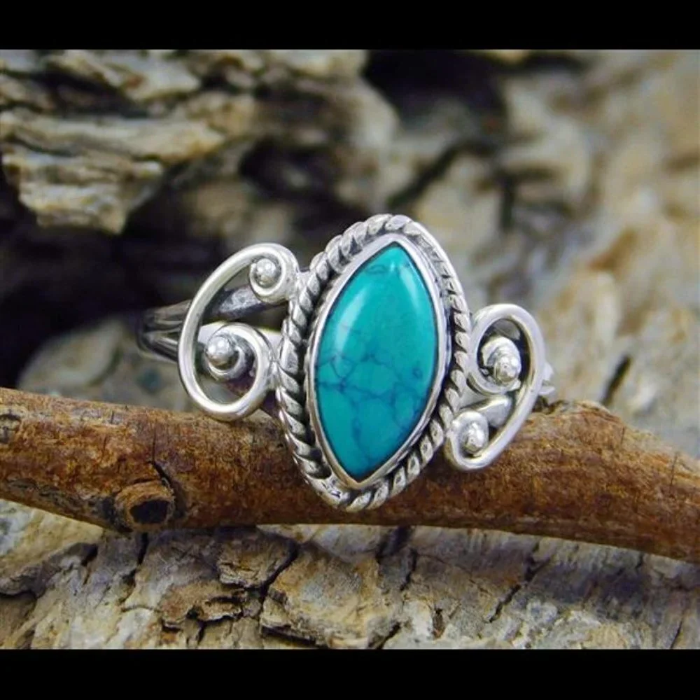 Vintage Handmade Women's‎ Silver Ring Marquise Cut Bohemia Turquoise Jewelry
